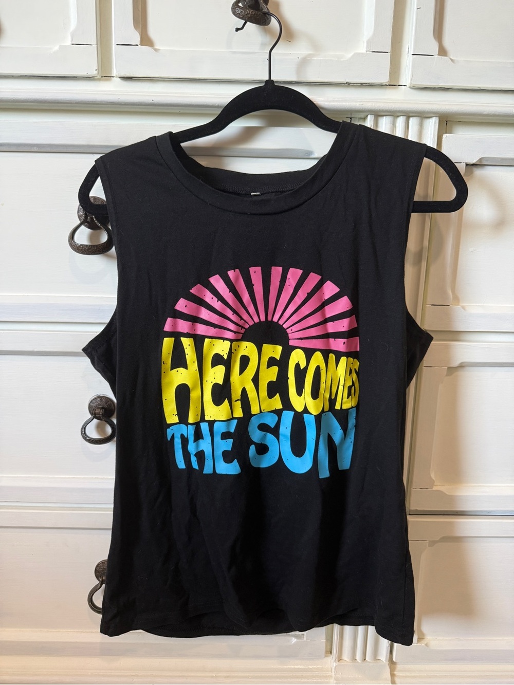 Amazon Black Tank Top with Pink Yellow Blue Graphic